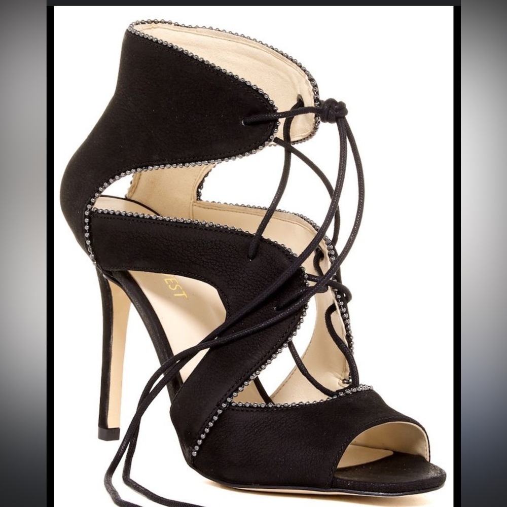 Nine West Black Leather Lace-Up Stiletto Heels Stud Trim 7.5